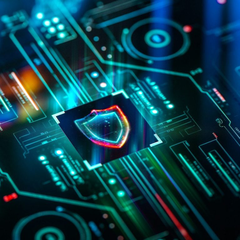 Digital security shield integrated into a circuit board design with glowing elements.