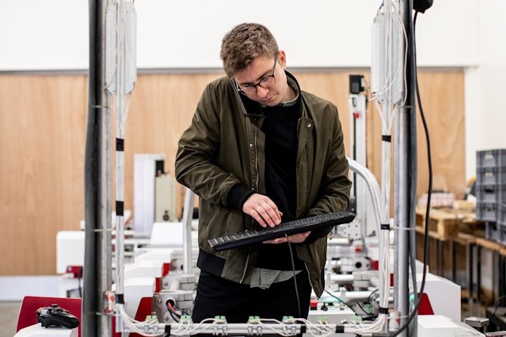 A person working on a laptop inside a factory or workshop setting.