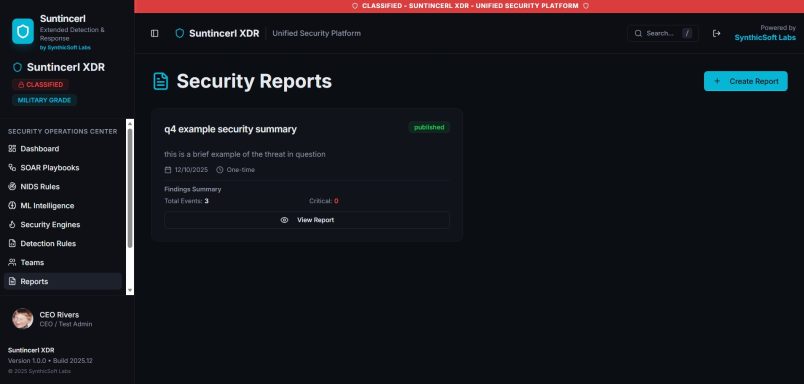 Dashboard screen showing security report options and settings.