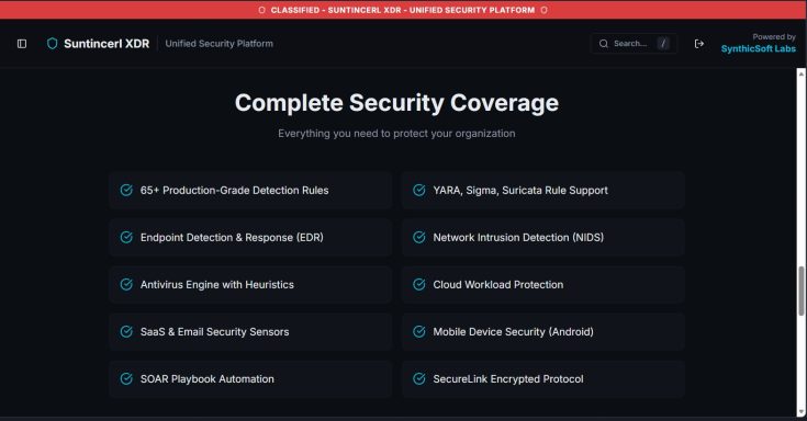 A list of security services with features and benefits presented on a dark background.