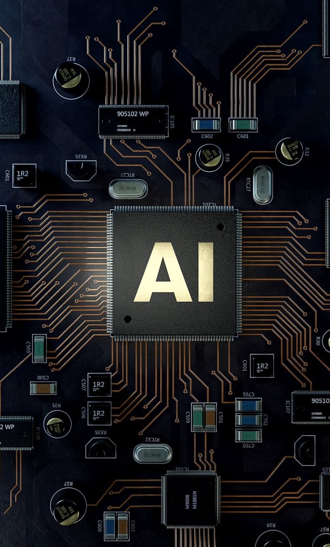 Circuit board with "AI" prominently displayed in the center.