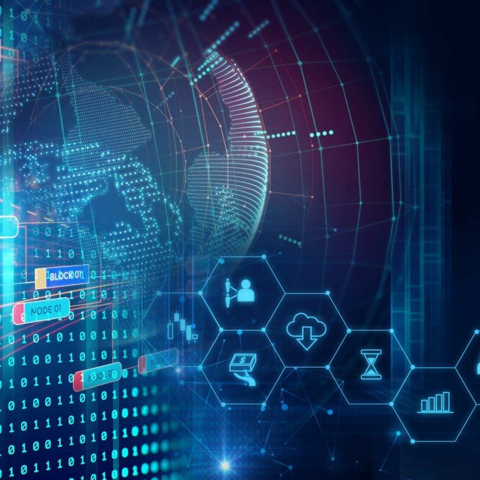 Abstract digital interface with data patterns, icons, and a globe in the background.