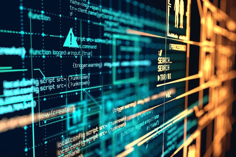 Abstract digital interface with glowing lines, data points, and warning symbols.