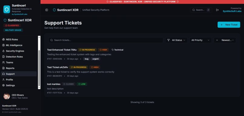 Support ticket interface displaying three open tickets with details and status indicators.